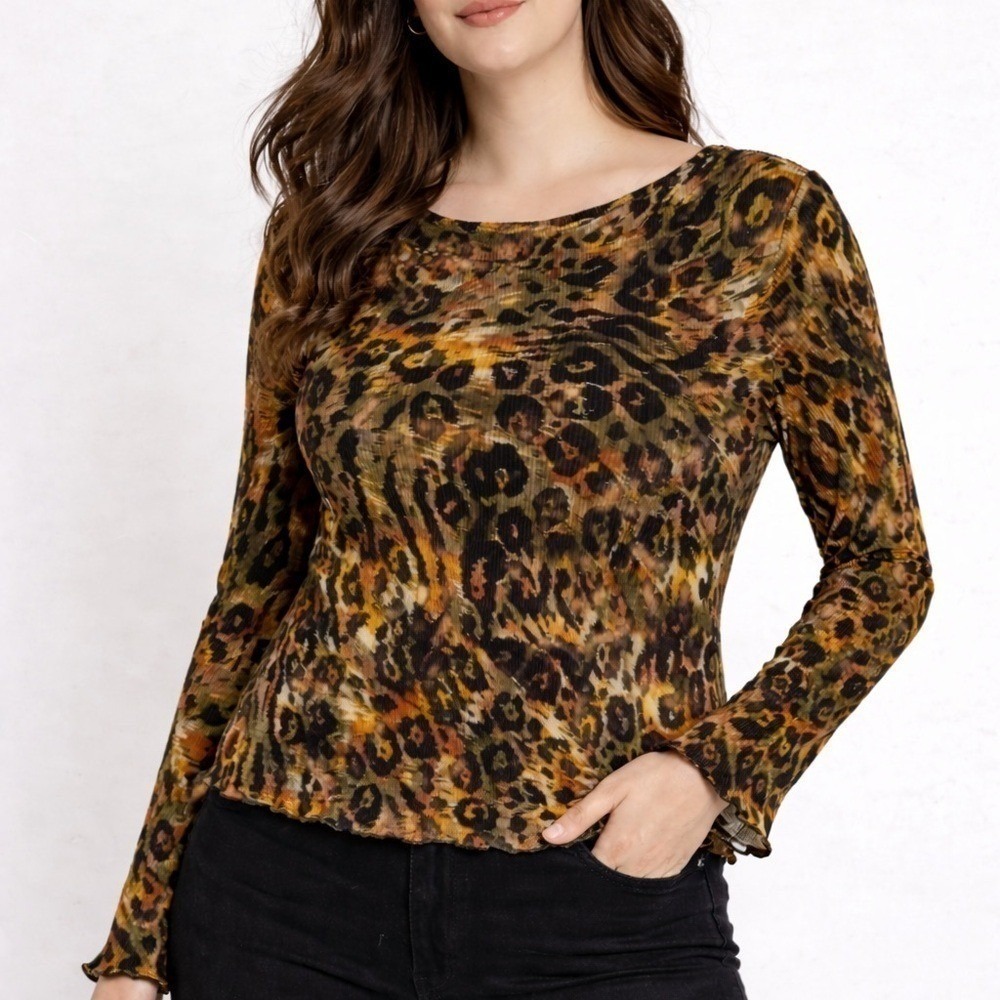 DKNY Womens Leopard Print Micro Pleated Long Sleeve Top Lettuce Edge Brown Large